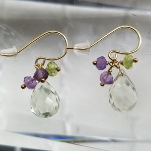 ★14K Solid Gold Natural Gemstone Dangle Earrings _